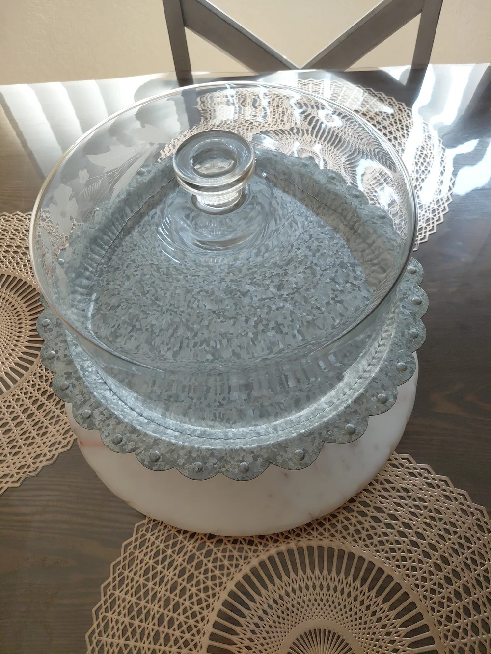 Vintage Floral Etched Glass Pedestal Cake Stand with Domed Lid